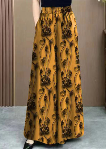 Spring Yellow Silk Ice Waist Pants Elastic Loose Print FashionChic