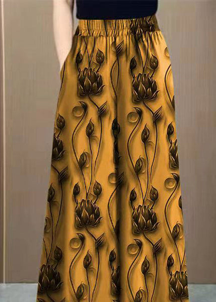 Spring Yellow Silk Ice Waist Pants Elastic Loose Print FashionChic