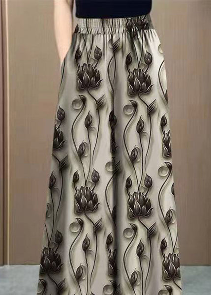 Spring Yellow Silk Ice Waist Pants Elastic Loose Print FashionChic