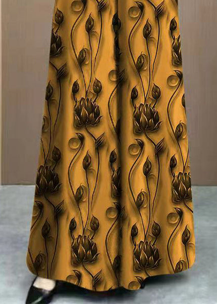 Spring Yellow Silk Ice Waist Pants Elastic Loose Print FashionChic