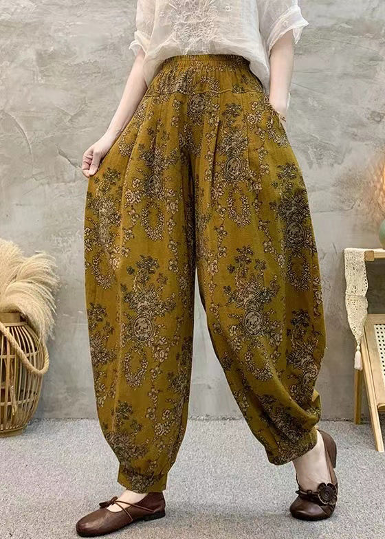 Loose Yellow Print Pockets Cotton Crop Pants Summer RE038 MZF-CPTS240807