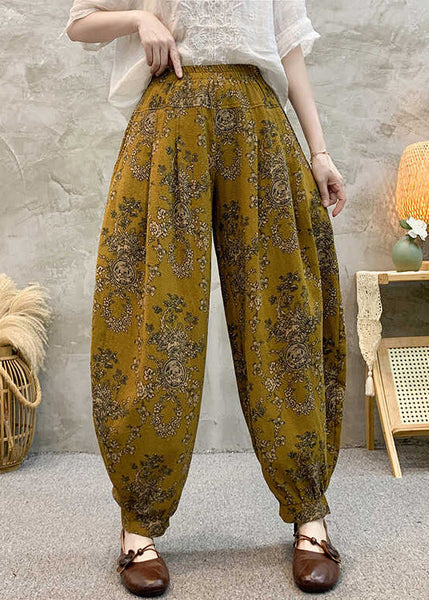 Loose Yellow Print Pockets Cotton Crop Pants Summer RE038 MZF-CPTS240807
