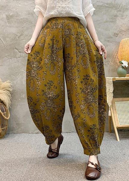 Loose Yellow Print Pockets Cotton Crop Pants Summer RE038 MZF-CPTS240807