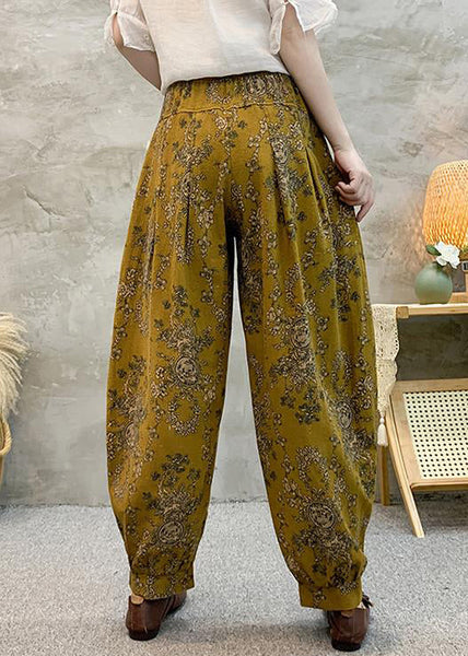 Loose Yellow Print Pockets Cotton Crop Pants Summer RE038 MZF-CPTS240807