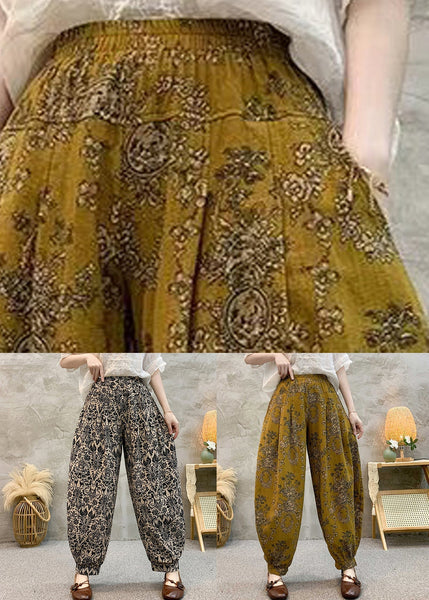 Loose Yellow Print Pockets Cotton Crop Pants Summer RE038 MZF-CPTS240807