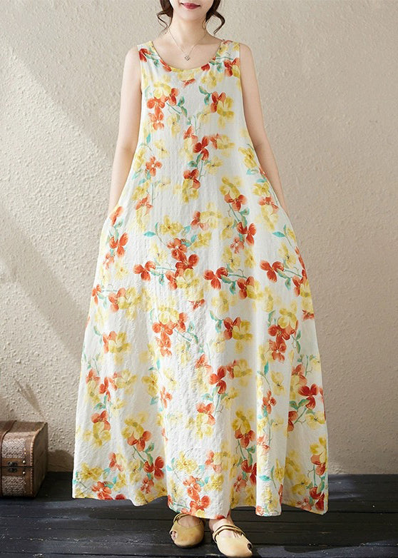 Loose Yellow Print Pockets Cotton Long Dress Sleeveless JH037 MMDM-SDL240717