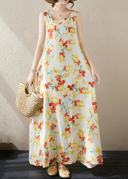 Loose Yellow Print Pockets Cotton Long Dress Sleeveless JH037 MMDM-SDL240717