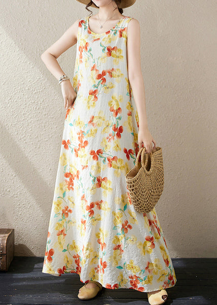 Loose Yellow Print Pockets Cotton Long Dress Sleeveless JH037 MMDM-SDL240717