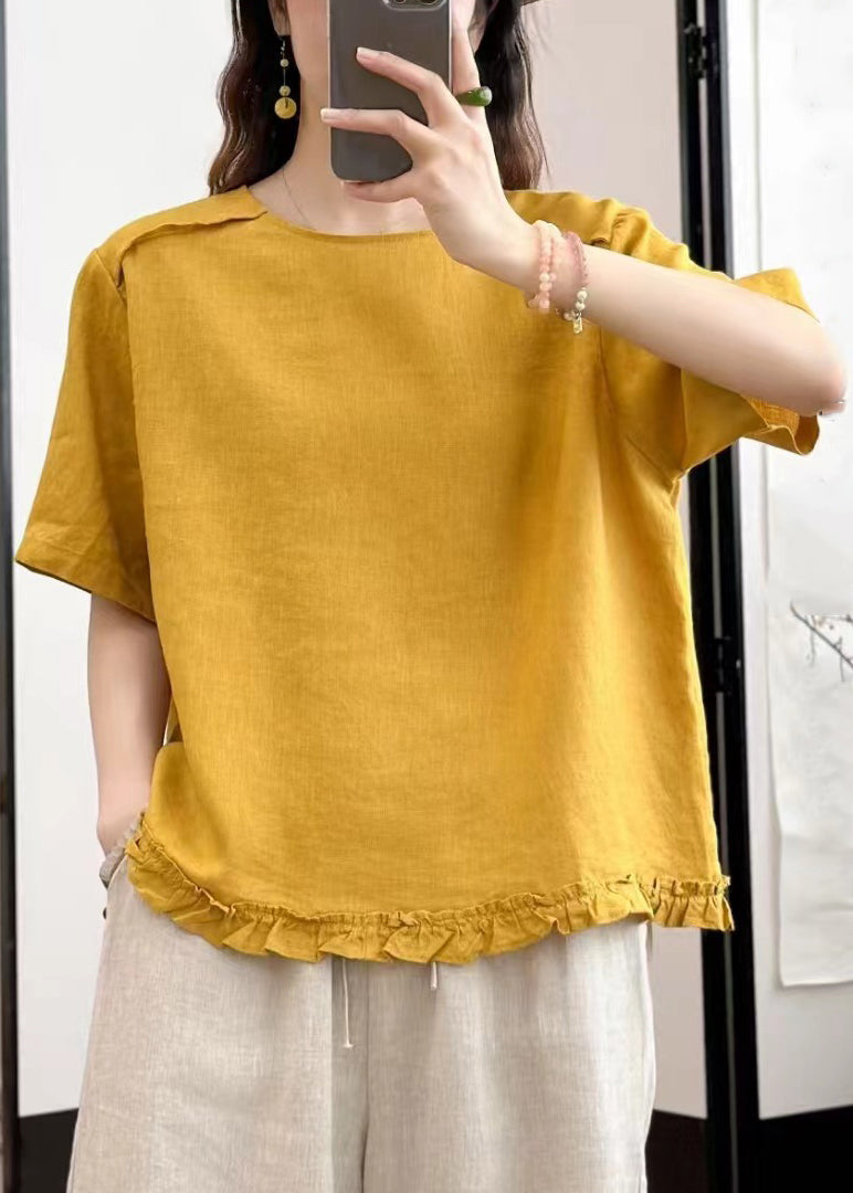 Blouses Linen Button Ruffled Yellow Summer Loose FashionChic