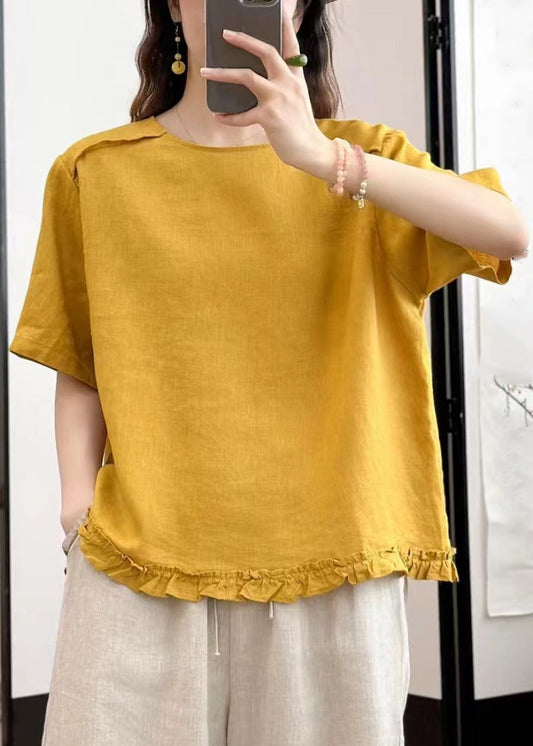 Blouses Linen Button Ruffled Yellow Summer Loose FashionChic