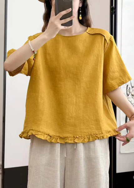 Blouses Linen Button Ruffled Yellow Summer Loose FashionChic