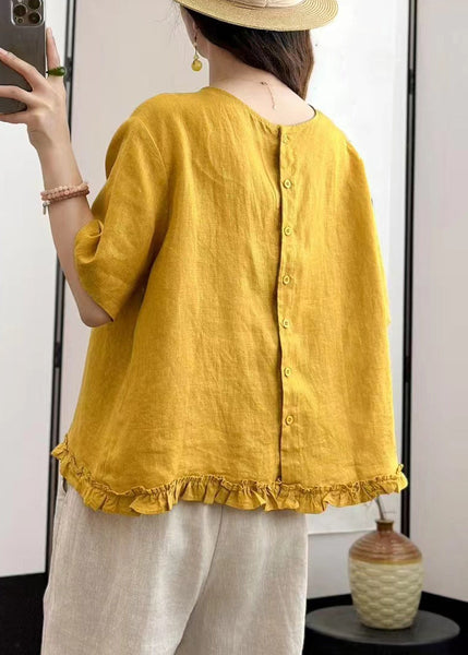 Blouses Linen Button Ruffled Yellow Summer Loose FashionChic