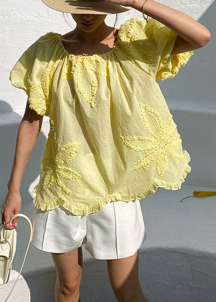 Sleeve Shirts Puff Ruffled Yellow Loose Cotton Embroidery T FashionChic