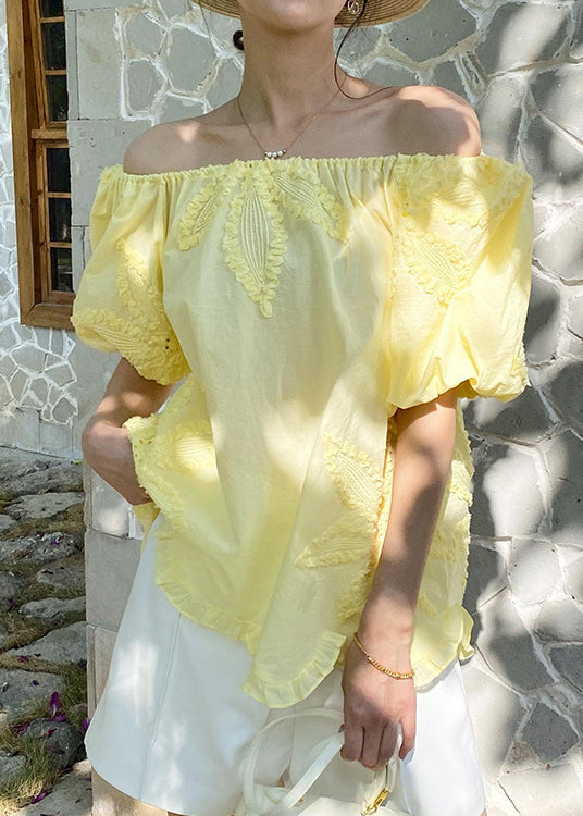 Sleeve Shirts Puff Ruffled Yellow Loose Cotton Embroidery T FashionChic