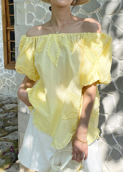 Sleeve Shirts Puff Ruffled Yellow Loose Cotton Embroidery T FashionChic