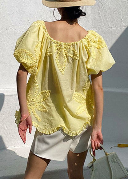 Sleeve Shirts Puff Ruffled Yellow Loose Cotton Embroidery T FashionChic