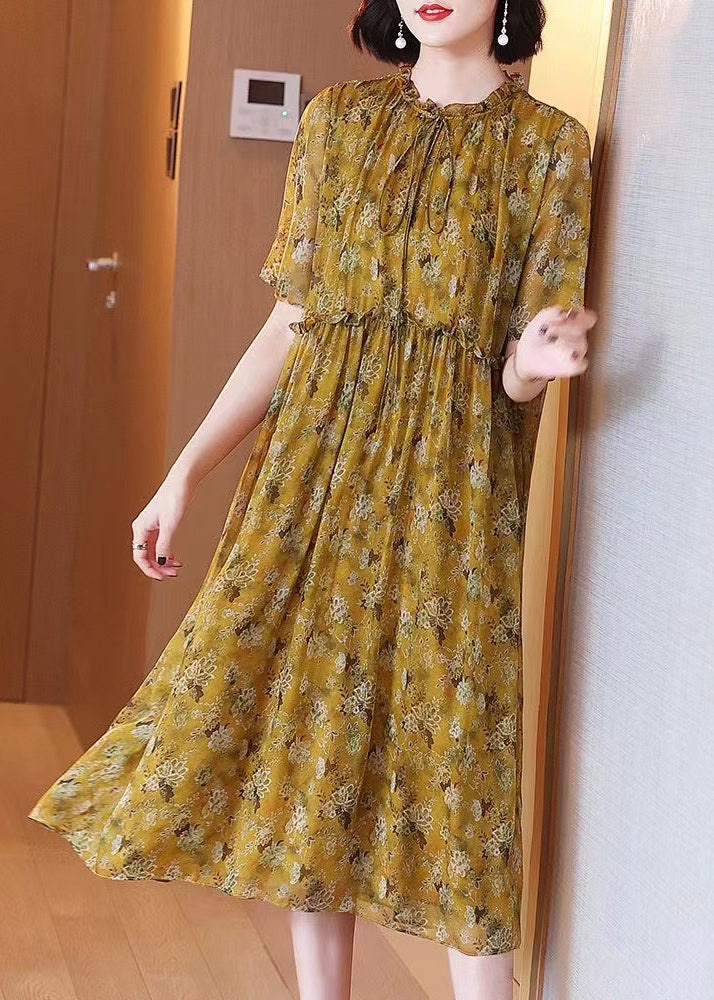 Loose Yellow Ruffled Lace Up Print Silk Dress Summer OP1072 Ada Fashion