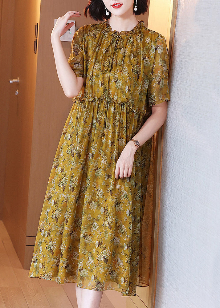 Loose Yellow Ruffled Lace Up Print Silk Dress Summer OP1072 Ada Fashion