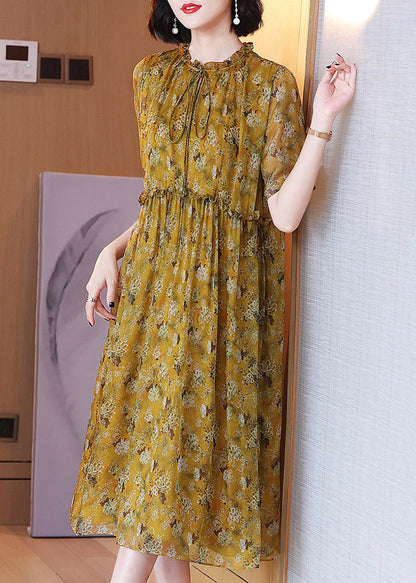 Loose Yellow Ruffled Lace Up Print Silk Dress Summer OP1072 Ada Fashion