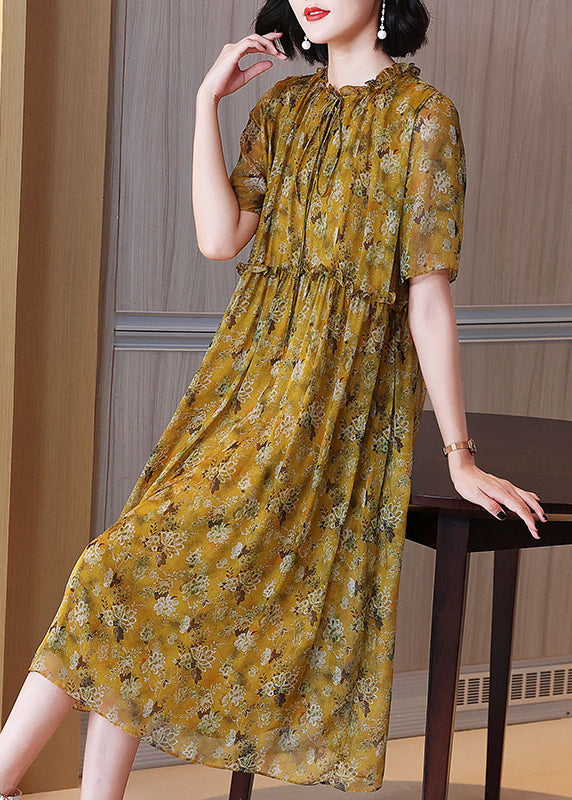 Loose Yellow Ruffled Lace Up Print Silk Dress Summer OP1072 Ada Fashion
