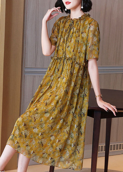Loose Yellow Ruffled Lace Up Print Silk Dress Summer OP1072 Ada Fashion