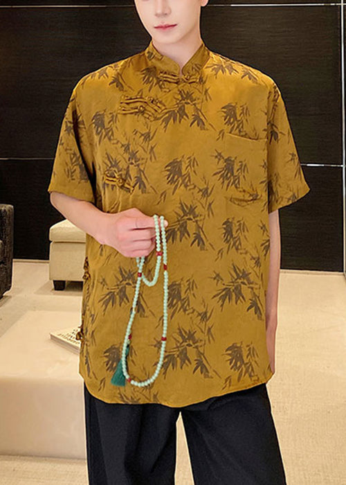 Loose Yellow Stand Collar Button Print Silk Shirts Summer YT081 Men-Silk-MENSTP240721