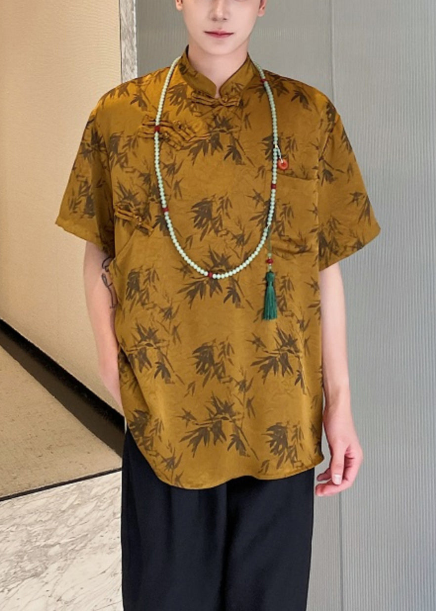 Loose Yellow Stand Collar Button Print Silk Shirts Summer YT081 Men-Silk-MENSTP240721