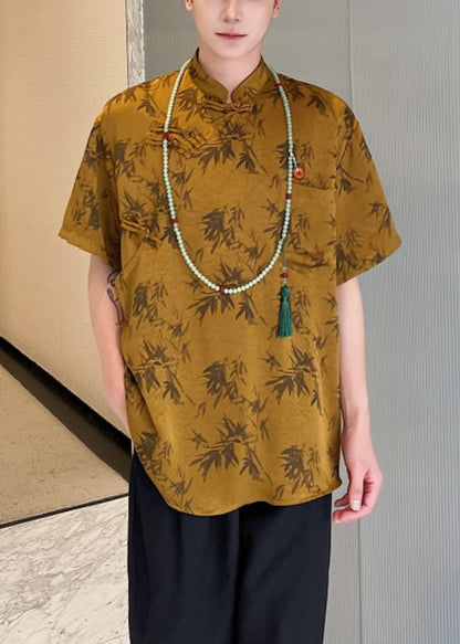 Loose Yellow Stand Collar Button Print Silk Shirts Summer YT081 Men-Silk-MENSTP240721