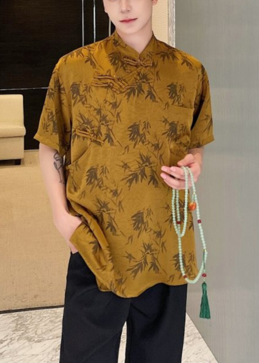 Loose Yellow Stand Collar Button Print Silk Shirts Summer YT081 Men-Silk-MENSTP240721