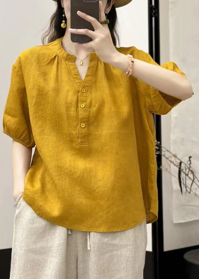 Button Loose Neck V Yellow Blouses Linen Summer FashionChic