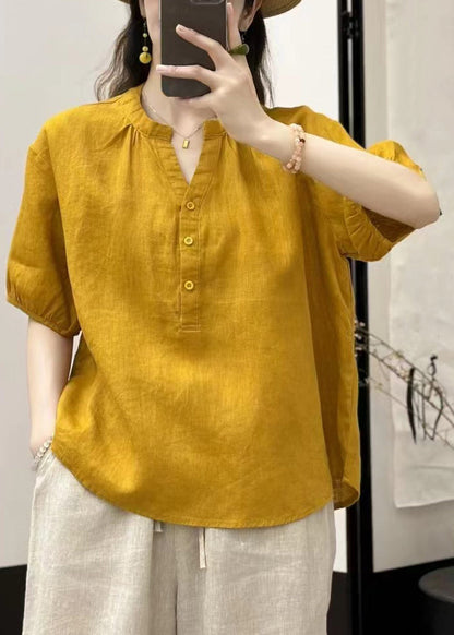 Button Loose Neck V Yellow Blouses Linen Summer FashionChic