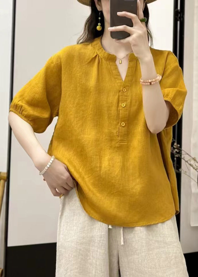 Button Loose Neck V Yellow Blouses Linen Summer FashionChic