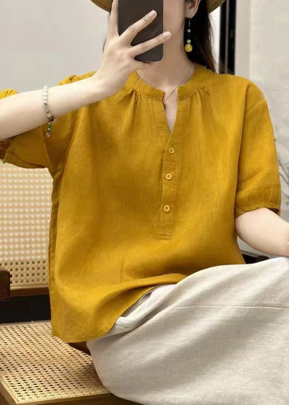 Button Loose Neck V Yellow Blouses Linen Summer FashionChic
