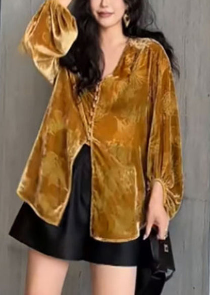 Loose Yellow V Neck Button Silk Velour Top Fall WY004 OM-OL241106