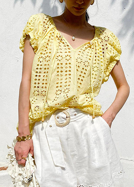 Tops Neck Yellow Cotton Up Lace Summer Hollow Loose V Out FashionChic