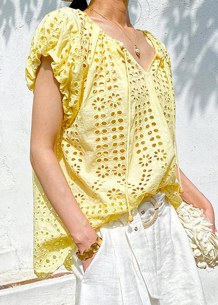 Tops Neck Yellow Cotton Up Lace Summer Hollow Loose V Out FashionChic