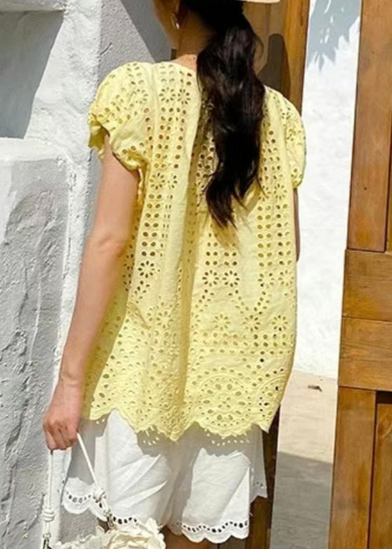 Tops Neck Yellow Cotton Up Lace Summer Hollow Loose V Out FashionChic