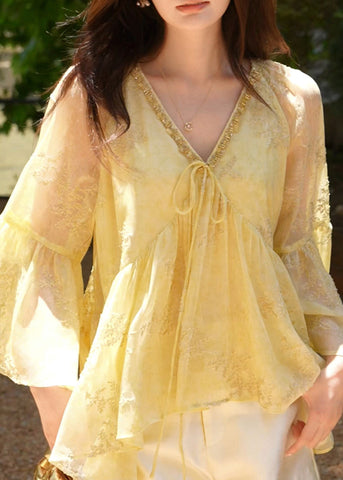 Loose Sleeve Neck Flare V Cotton Yellow Shirt Up Lace FashionChic