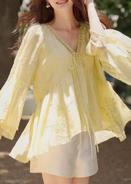 Loose Sleeve Neck Flare V Cotton Yellow Shirt Up Lace FashionChic