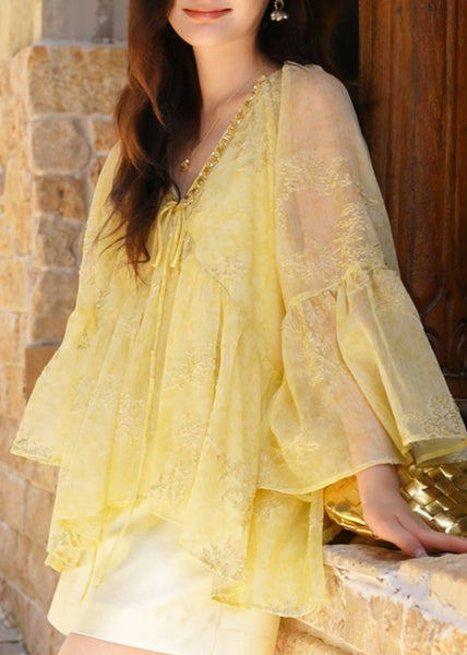 Loose Sleeve Neck Flare V Cotton Yellow Shirt Up Lace FashionChic