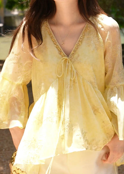 Loose Sleeve Neck Flare V Cotton Yellow Shirt Up Lace FashionChic