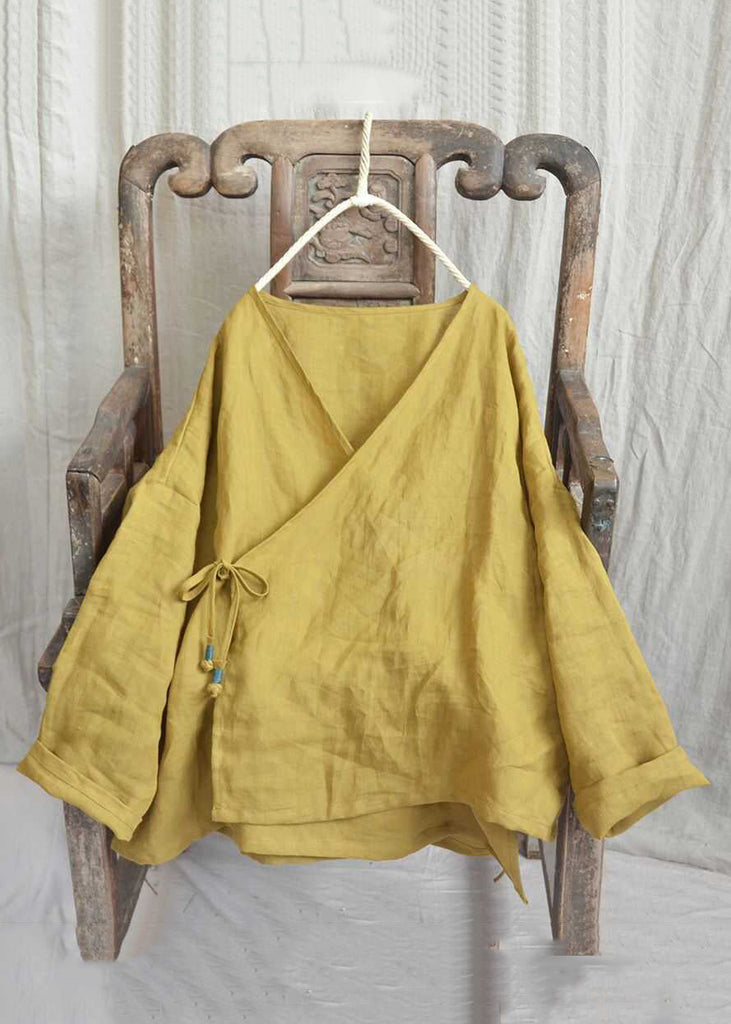 Loose Yellow V Neck Lace Up Solid Linen Shirts Long Sleeve AU1062 MZF-240903