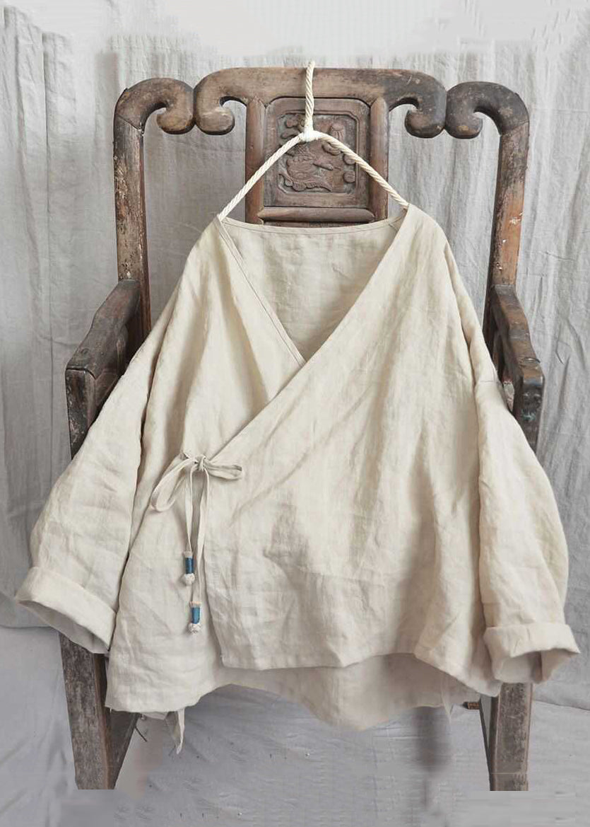 Loose Yellow V Neck Lace Up Solid Linen Shirts Long Sleeve AU1062 MZF-240903