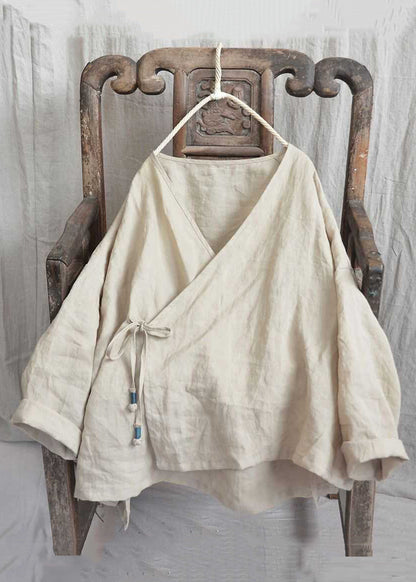 Loose Yellow V Neck Lace Up Solid Linen Shirts Long Sleeve AU1062 MZF-240903