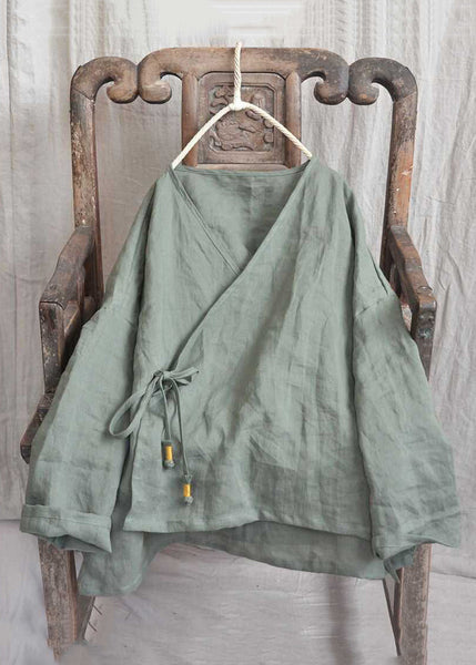 Loose Yellow V Neck Lace Up Solid Linen Shirts Long Sleeve AU1062 MZF-240903