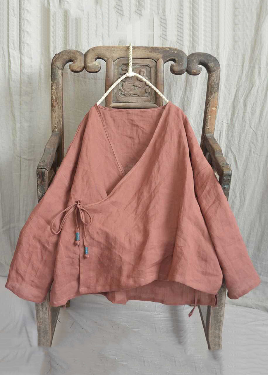 Loose Yellow V Neck Lace Up Solid Linen Shirts Long Sleeve AU1062 MZF-240903