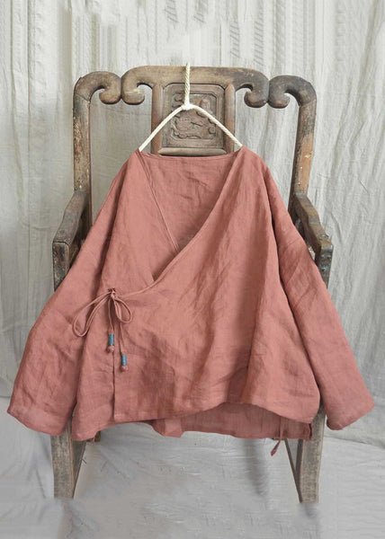 Loose Yellow V Neck Lace Up Solid Linen Shirts Long Sleeve AU1062 MZF-240903