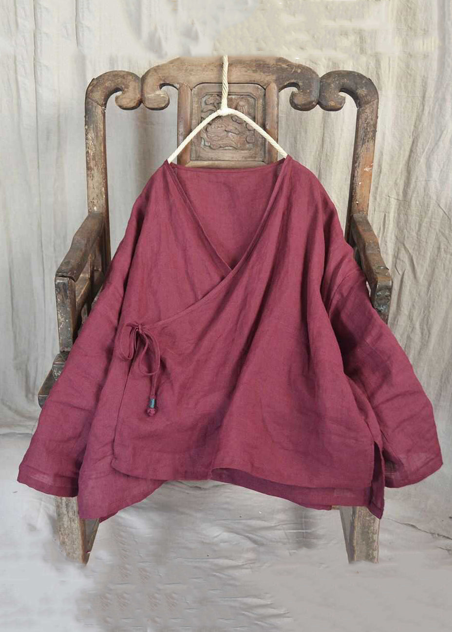 Loose Yellow V Neck Lace Up Solid Linen Shirts Long Sleeve AU1062 MZF-240903