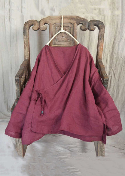 Loose Yellow V Neck Lace Up Solid Linen Shirts Long Sleeve AU1062 MZF-240903