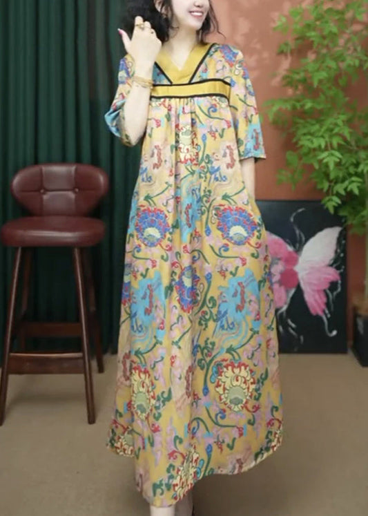 Cotton Dresses Summer Loose Print Long V Neck Yellow FashionChic